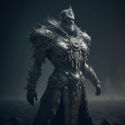 AI generated: brutal man king, mist background glorious, perfect face, realistic, full 3d body, standing on ground...