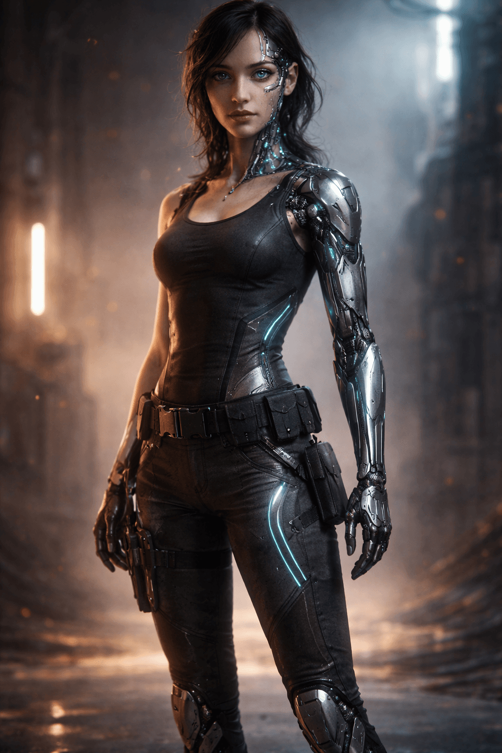 AI generated: A hyper-realistic full-body cinematic portrait of a young female cyborg standing in a near-future en...