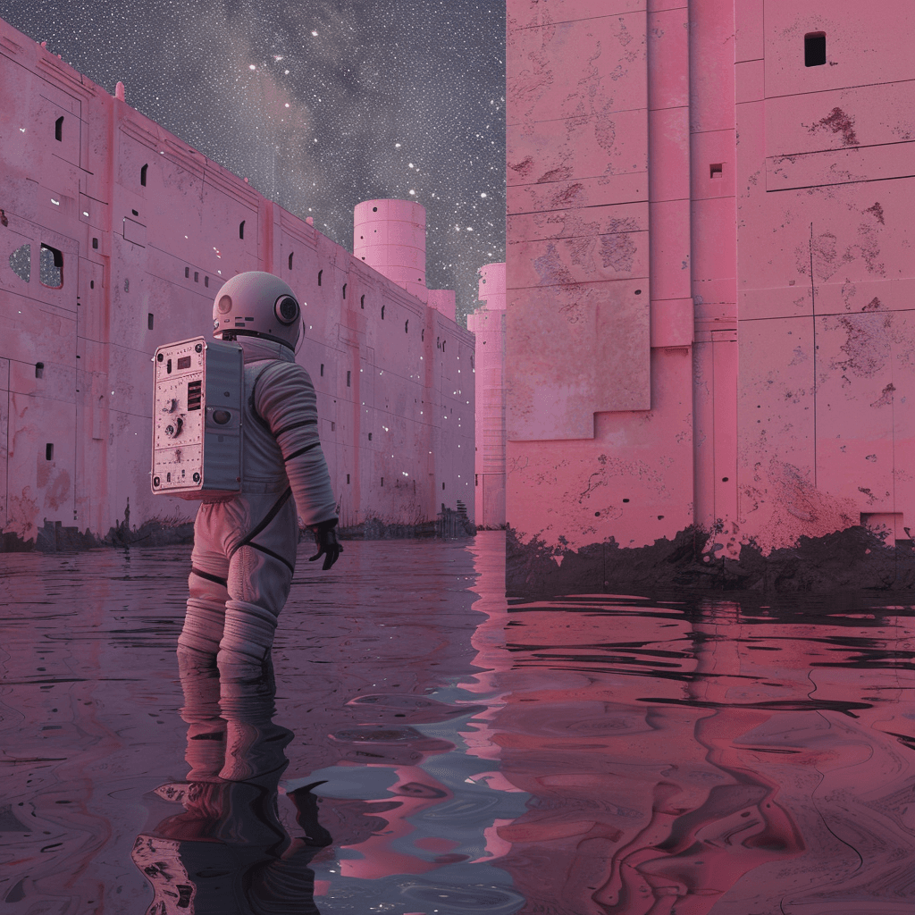 AI generated: a man in an astronaut costume stands in the water, looks at the pink city against the background of ...