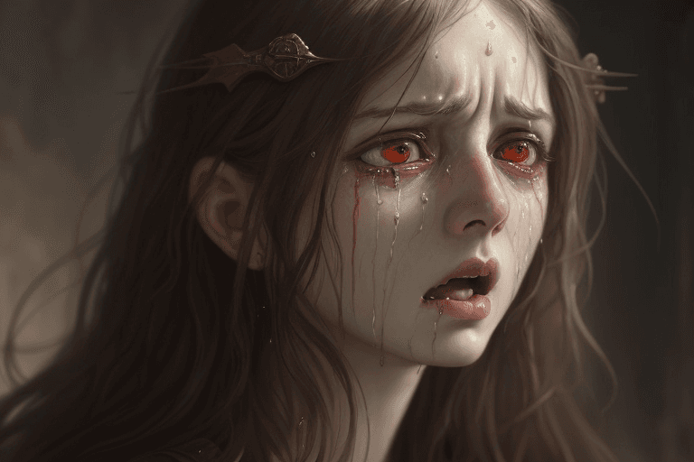 AI generated: woman, angry, crying blood insipired by Il canto dell'allodola, Sophie Anderson beautiful and detail...