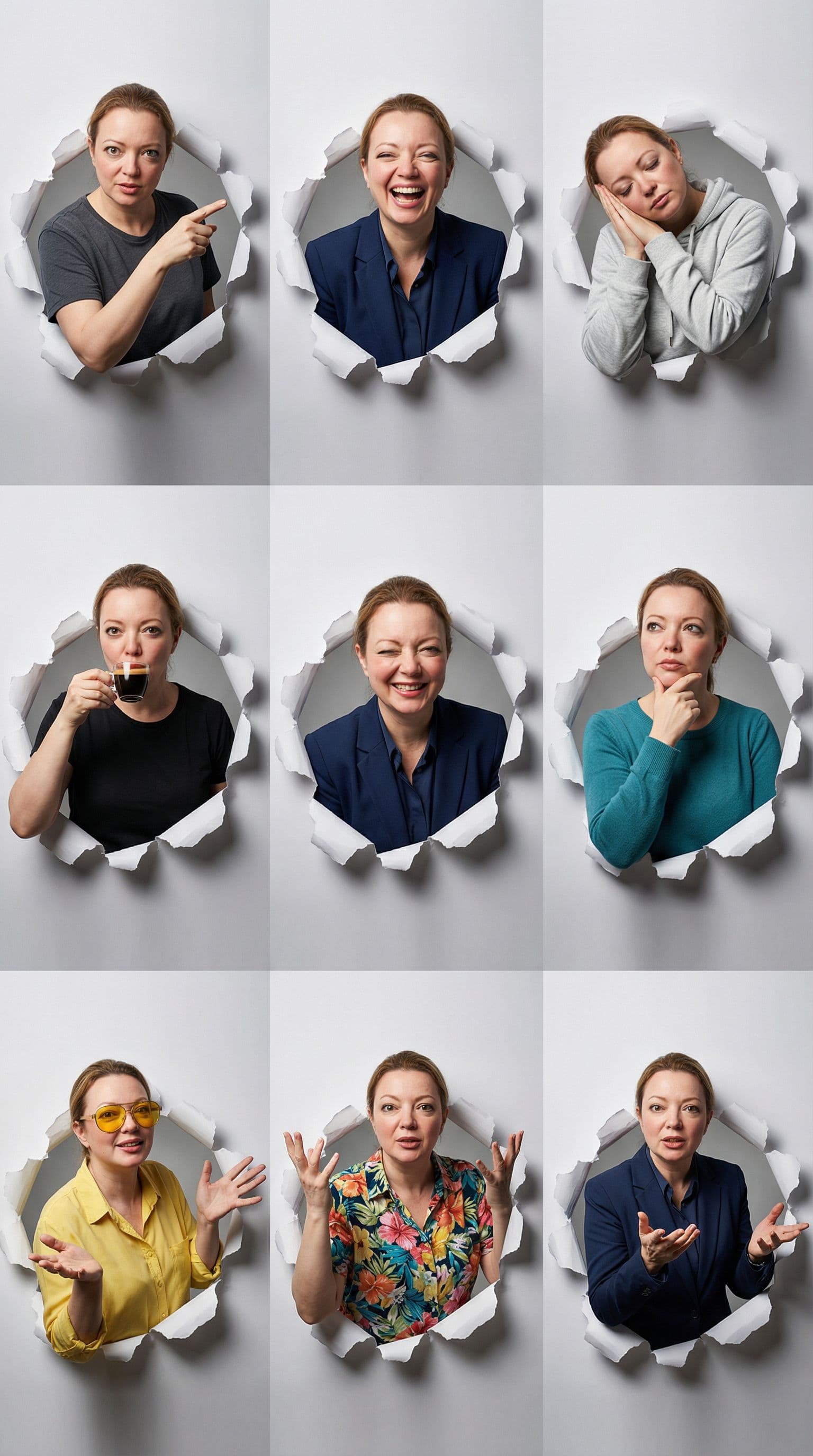AI generated: Generate a hyper-realistic, 9:16 studio-style collage featuring an adult woman  (facial match to the...