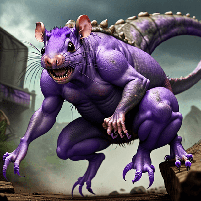 AI generated: front view of a jumping  prehistoric, wild, ugly, scary, giant violet rat, 8k