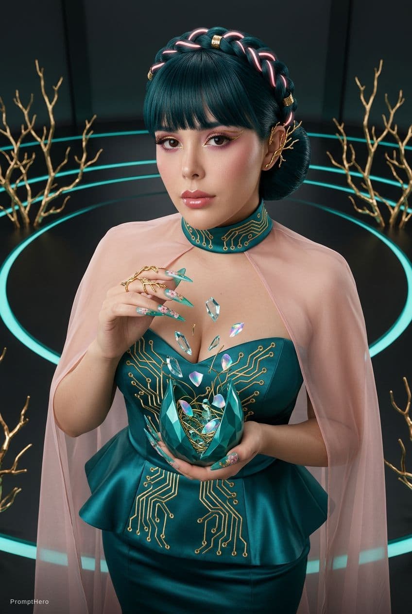 AI generated: Create an image of a woman with my facial features, photographed in a futuristic cherry-blossom tech...