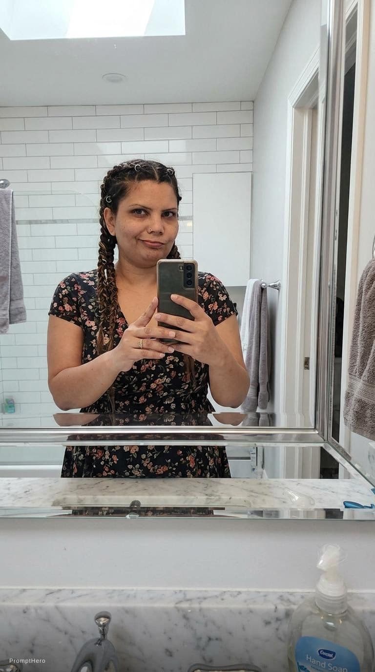 AI generated: Taking a mirror bathroom selfie, realistic snapshot, , wearing a dress, wearing same hairstyle, no s...
