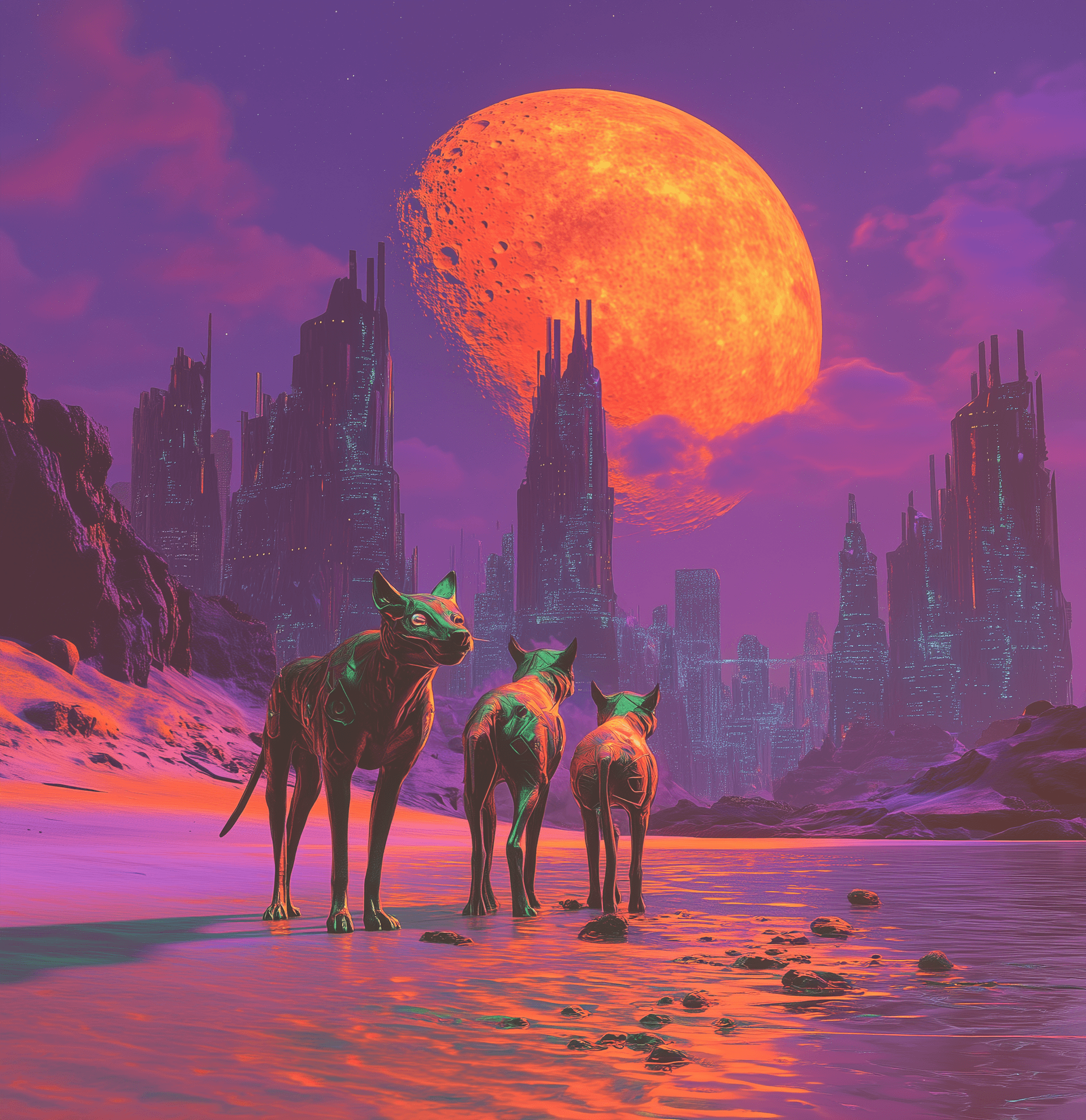 AI generated: Futuristic alien dogs standing on the beach of an exoplanet, they eat from futuristic dog food model...