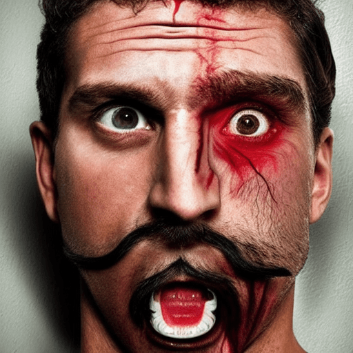 AI generated: 
hyper realistic photograph The incredible face of a man with a mustache, he yells, his eyes are red...