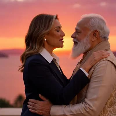 AI generated video: Sunset as a PM india in Meloni pm italy is kissing 