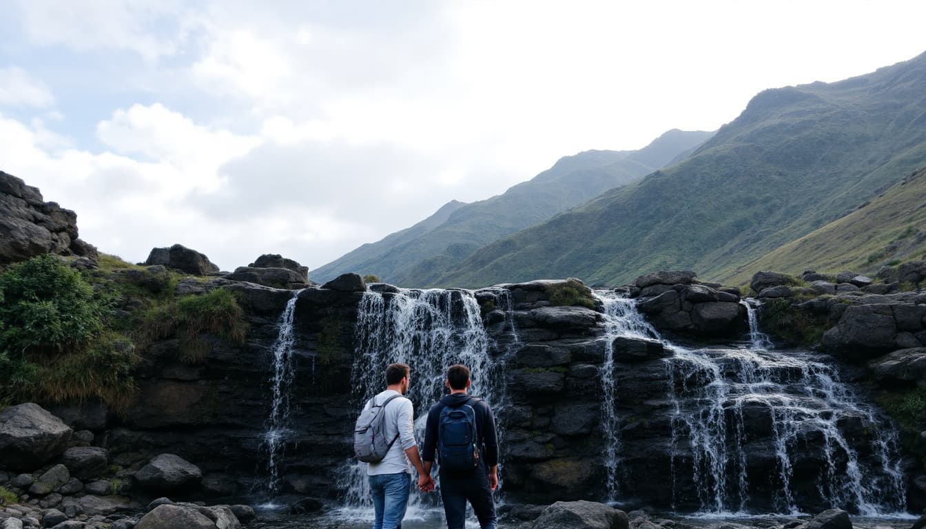 AI generated: two men in waterfall 