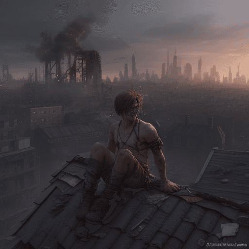 AI generated: someone takes medicine on a roof and in the background is a destroyed world, there also a party goin...