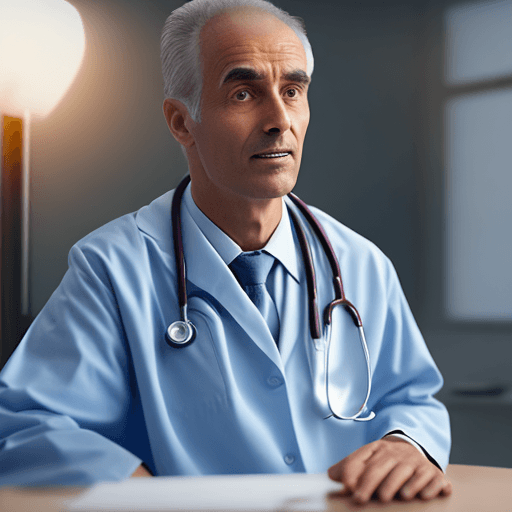AI generated: a photograph of a doctor about 50 years old looking at the camera he is talking to the camera he is ...