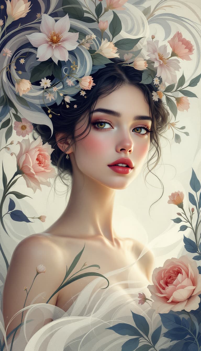 AI generated: A Art Nouveau-style digital illustration of an original, full-body female muse, with esthetically di...
