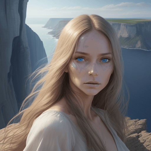 AI generated: A woman, straight hair in the wind, side image of the face with a perfection in its contour, blue ey...