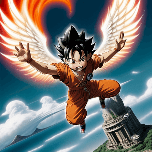 AI generated: Toriyama Akira's comic IP Goku, with white angel wings behind him and an angel ring on his head, wav...
