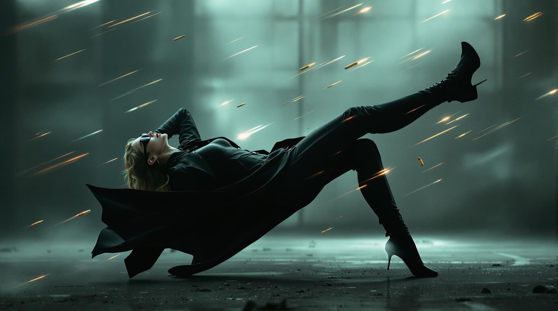 AI generated: It's a dynamic and dramatic scene with a Woman dressed in a black form-fitting outfit including a sl...