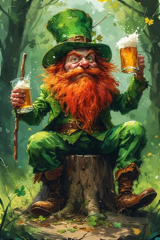 AI generated: an ugly leprechaun with a red beard and a mug of beer in one hand is beating himself by a stick in a...