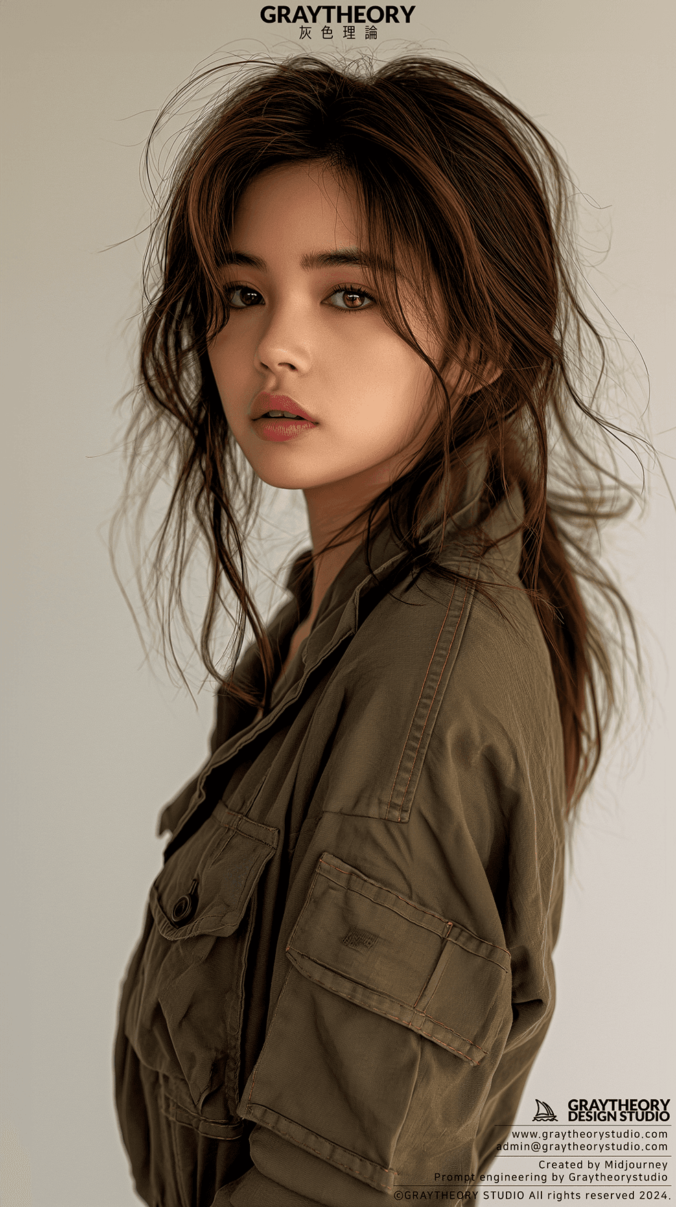 AI generated: Photograph, woman, model, minimalist millitary, stylish hair, gaze, solid white environment, studio ...
