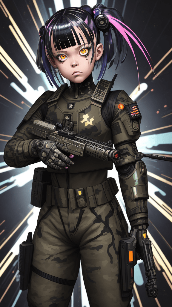 AI generated: in a funky background portrait of little (((((Cyborg female))))):5.5,wear((army attire)):2.2, shooti...