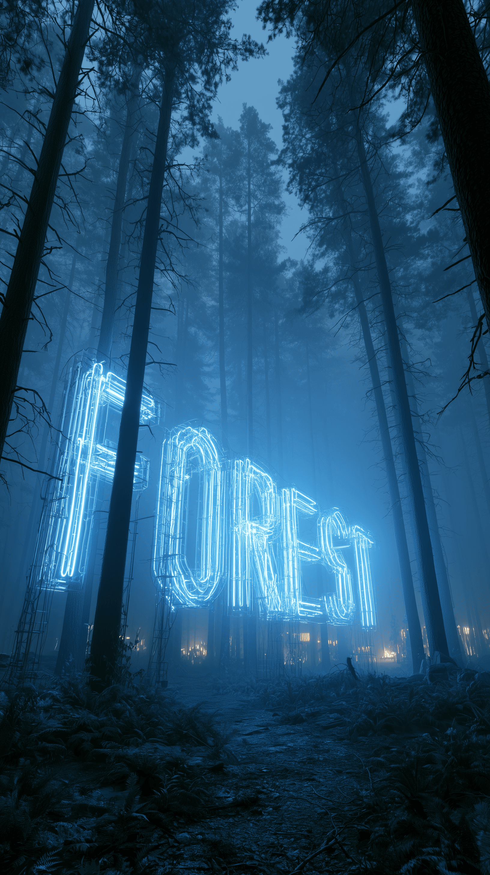AI generated: typographic installation, shape of the word FOREST, translucent glowing blue color neon, dense foggy...