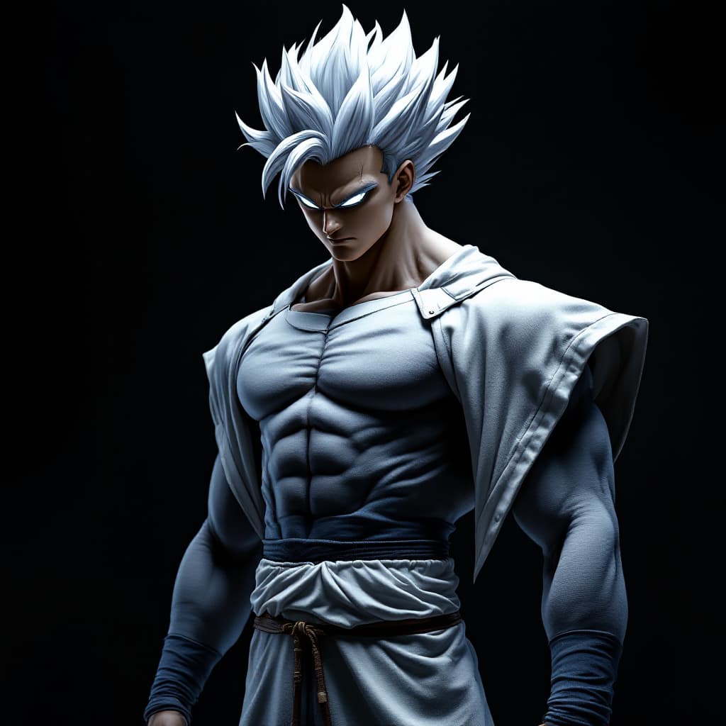 AI generated: Songoku Mastered Ultra Instinct form, wearing his training suite Written on chest fabric "sidehustle...