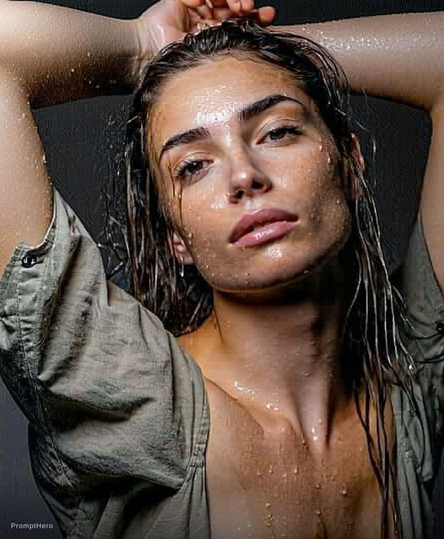 AI generated: Sweaty skin and hair and showing armpit sweaty hair patch and pose like holding two hands on up hair...
