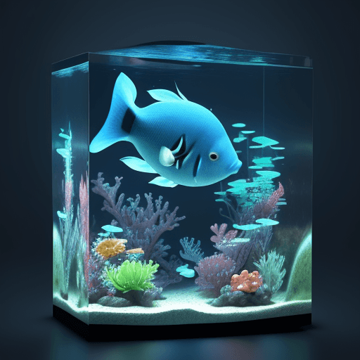AI generated: 3D render of a cute tropical fish in an aquarium on a dark blue background, digital art