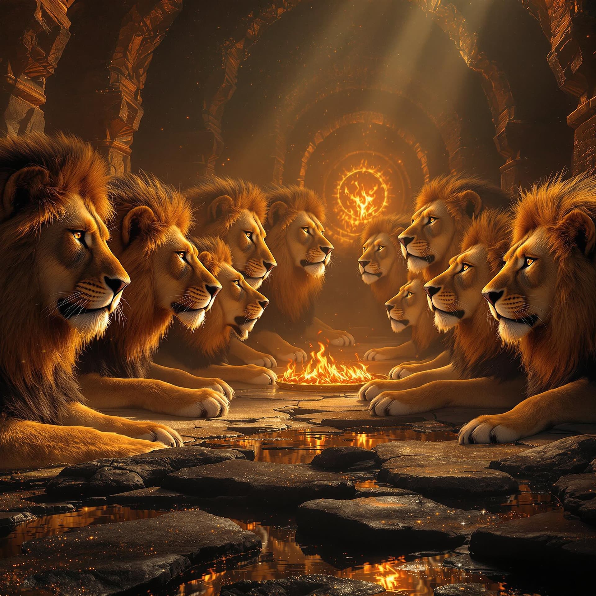 AI generated: imagine prompt: maximalist Daniel in the Lions Den - Briton Riviere, 7 lions where face of each one ...