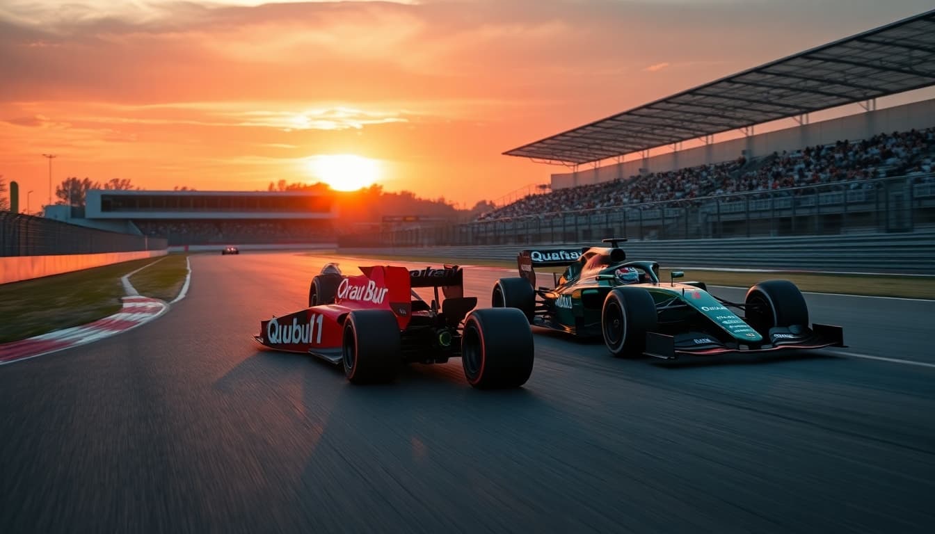 AI generated: A high-speed Formula 1 race is taking place on a professional circuit during a breathtaking sunset. ...