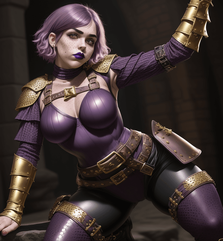 AI generated: It is D&D world, dynamic pose, girl, she is looking up at the camera, eyes squinted, dark lipstick, ...