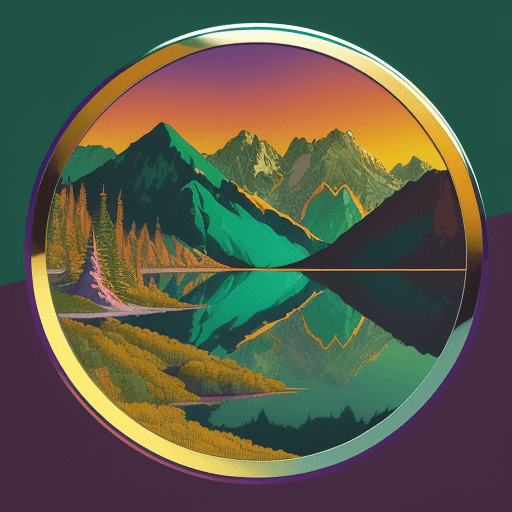 AI generated: 80s chrome and steel Retro Sunset, Mountain Lake scene, green, gold, illustration, inspired by James...