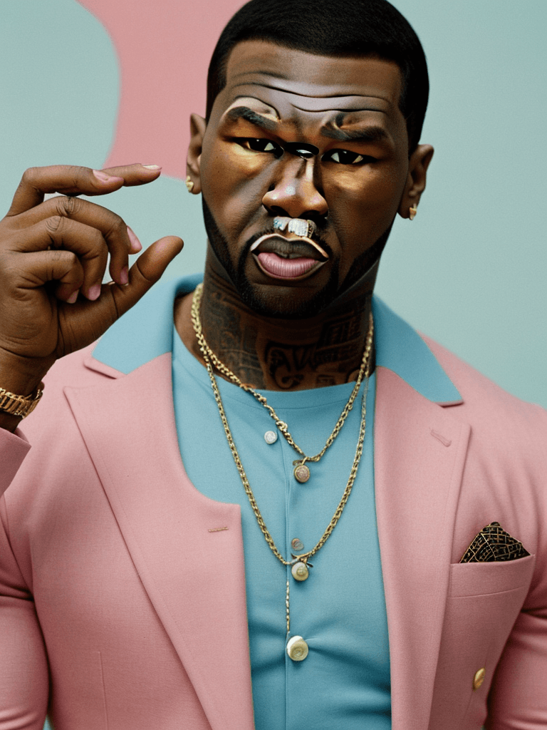 AI generated: Vogue style photo shoot of 50 Cent as character therock from the movie The Royal Tenenbaums pastel c...