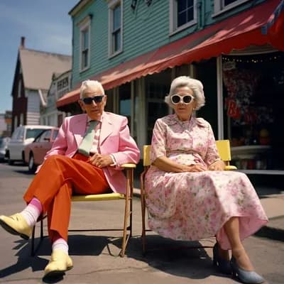 AI generated video: an old couple sitting on some chairs in the bright sunshine, the wind blows their clothes they are s...