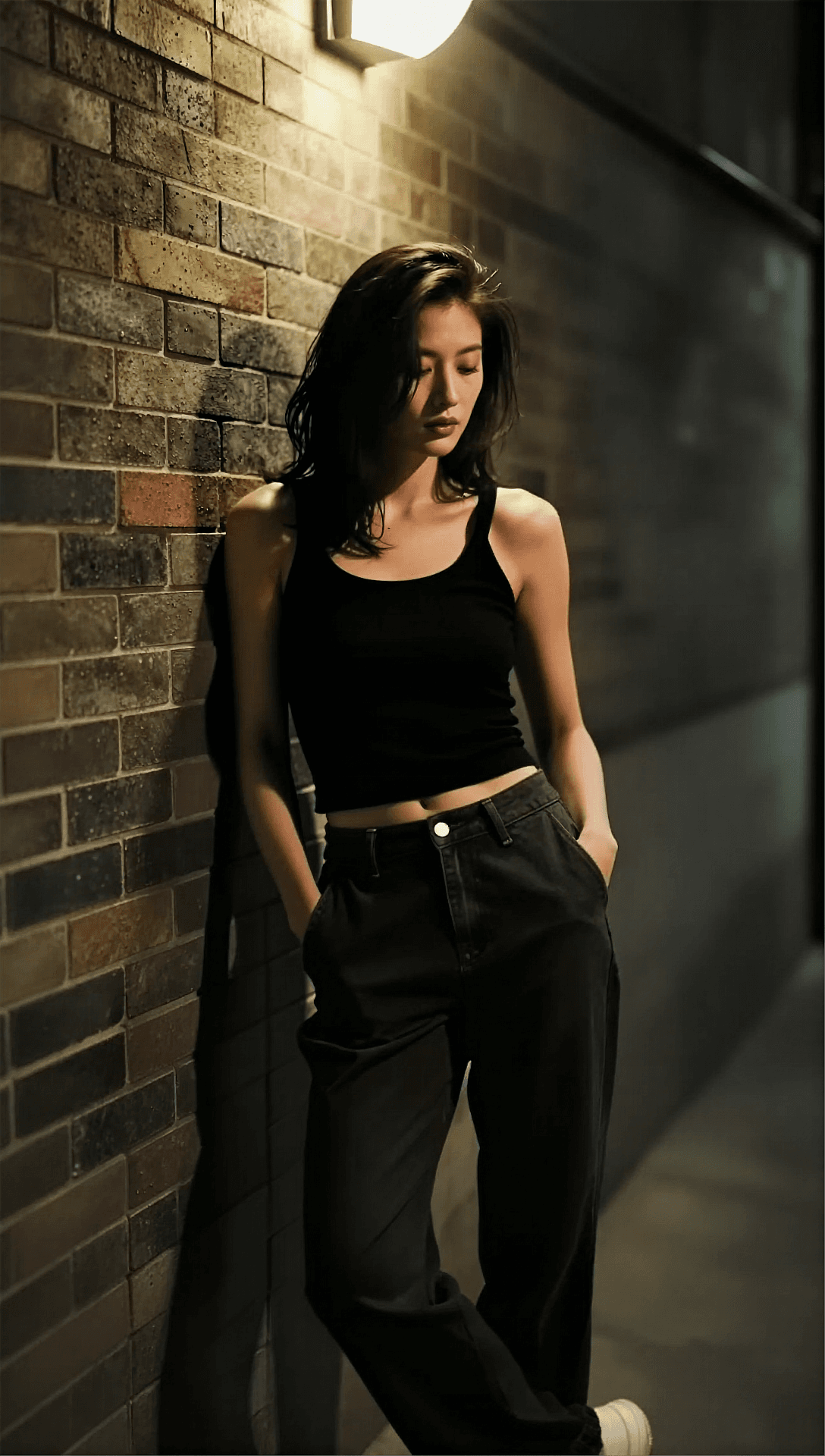 AI generated: A 35mm film photograph of a fit woman in a dimly lit alleyway. She is posing in a relaxed manner, le...