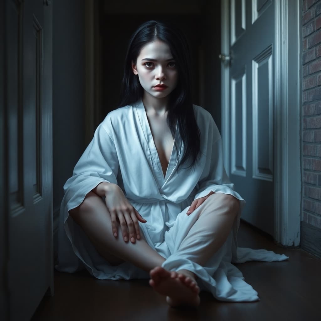 AI generated: Possesed girl, white skin, haunted house environment, She looks sad, she is sitting on the floorboar...