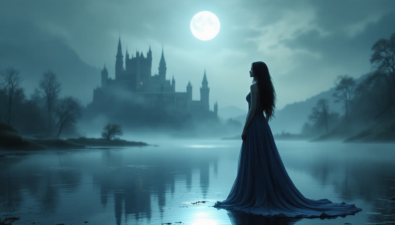 AI generated: a woman in a flowing gown standing on a misty lake in front of a large castle and full moon. Long da...
