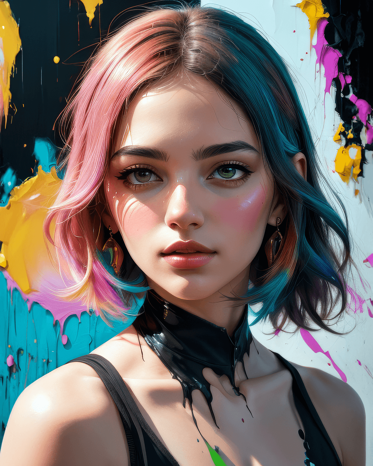 AI generated: A painting on the canvas of a woman in colorful tones, in the style of martin ansin, cracked, serene...