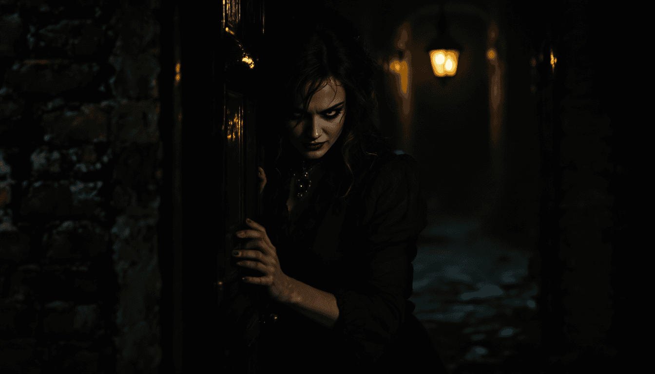AI generated: A Victorian-era woman lurking in the shadows of a darkened doorway, her figure partially obscured by...