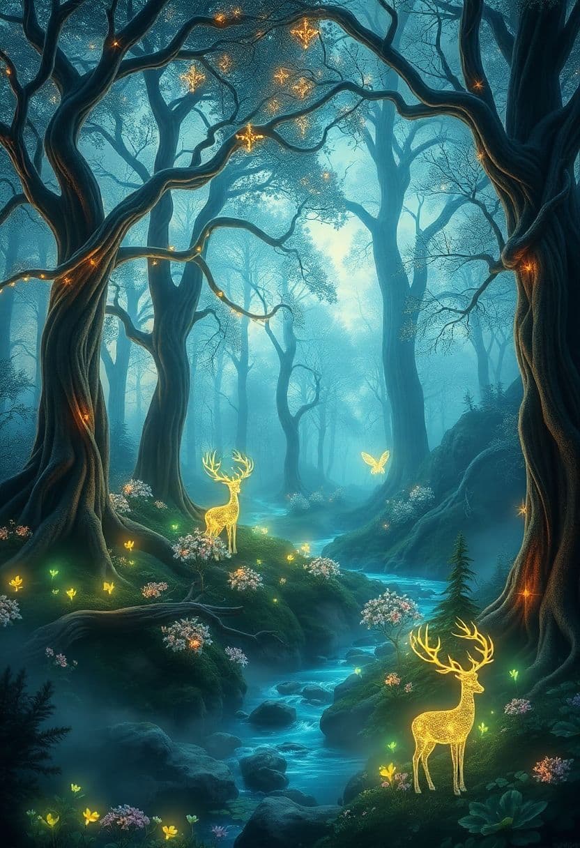 AI generated: Create a mystical fantasy forest bathed in the soft glow of twilight. Towering ancient trees with tw...