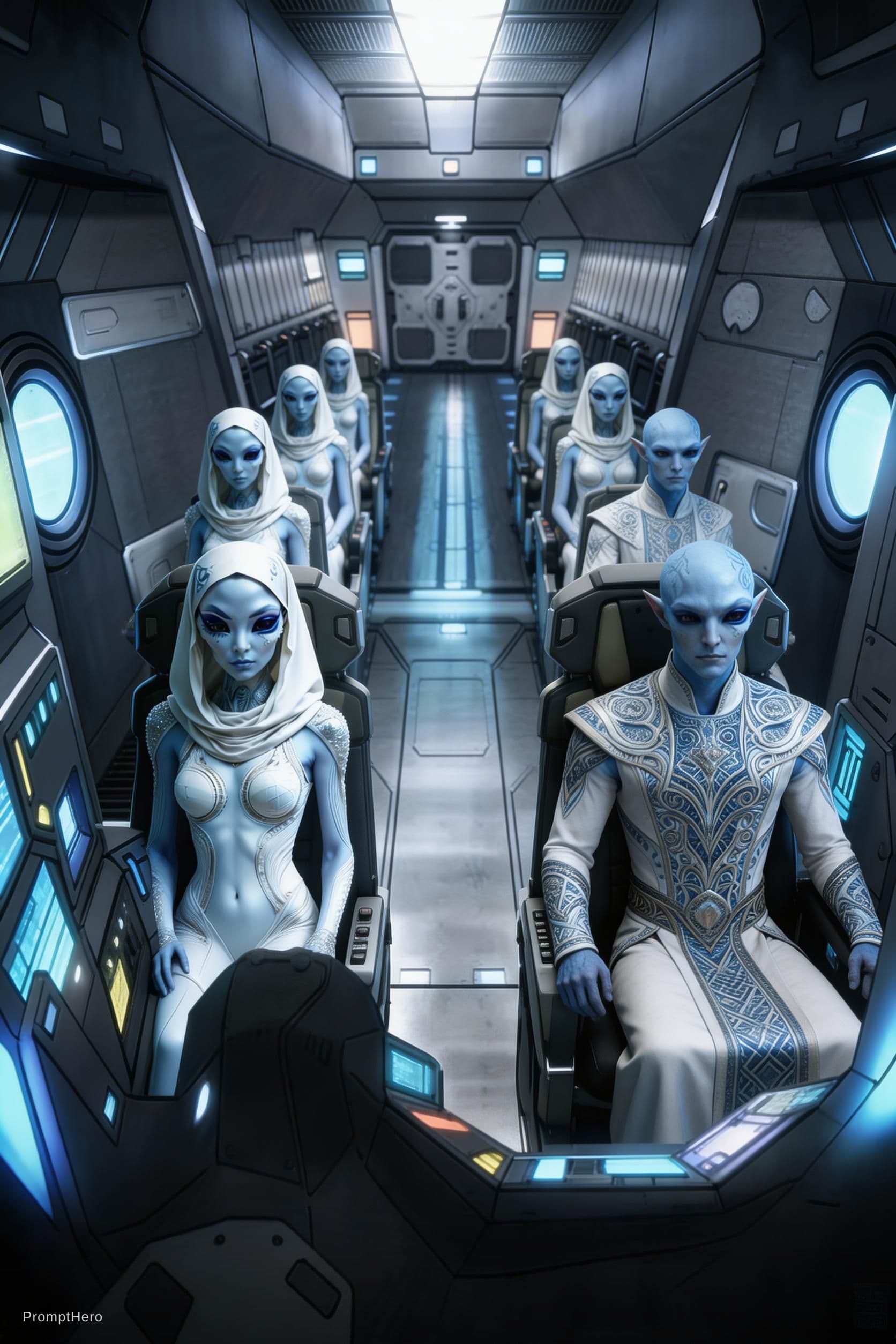 AI generated: Sci-Fi scene. Place the blue alien in the left seat of the cockpit. Place one of the male aliens fro...