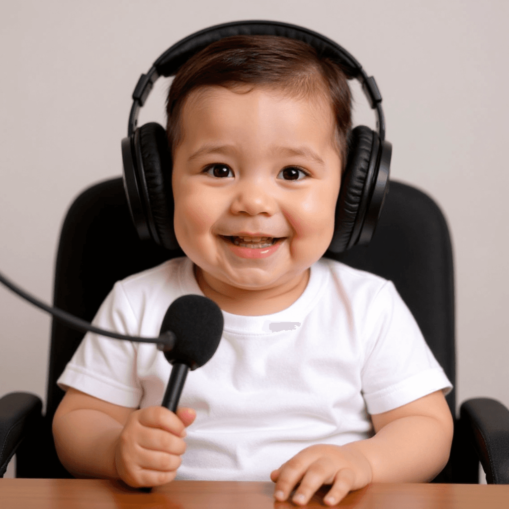 AI generated: transforms my image into a 2-year-old baby with headphones on sitting in a seat to do a podcast