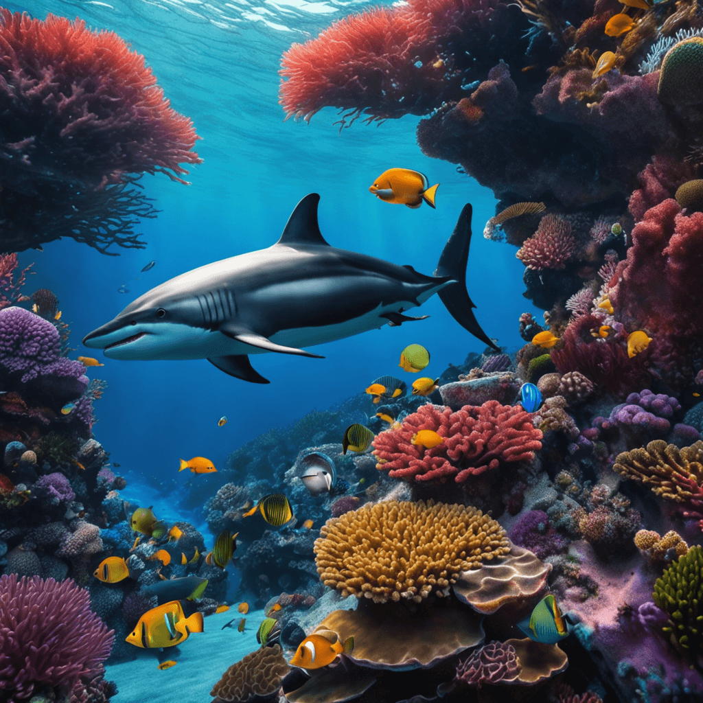 AI generated: Most Beautiful dolphin and shark in deep sea teeming with vibrant corals, diverse marine life, and e...