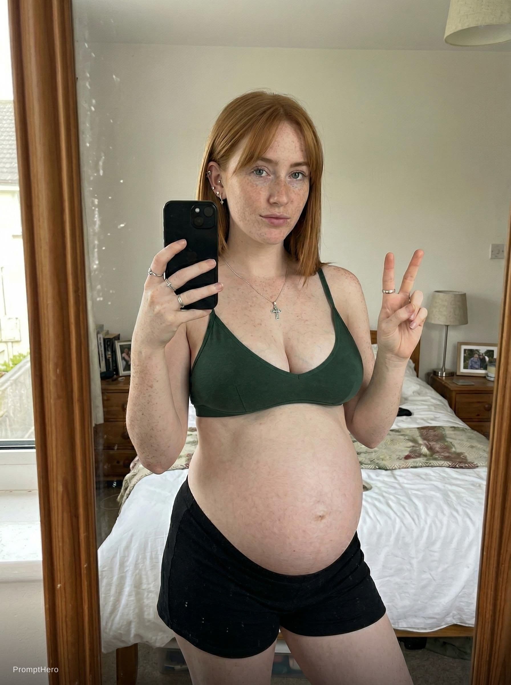AI generated: 23-year-old Irish, 9 months pregnant with twins, huge rounded belly fully visible, woman resembling ...