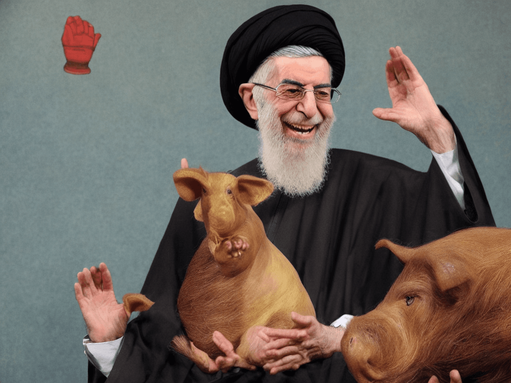 AI generated: portrait of ali khamenei holding a big pig and laughing