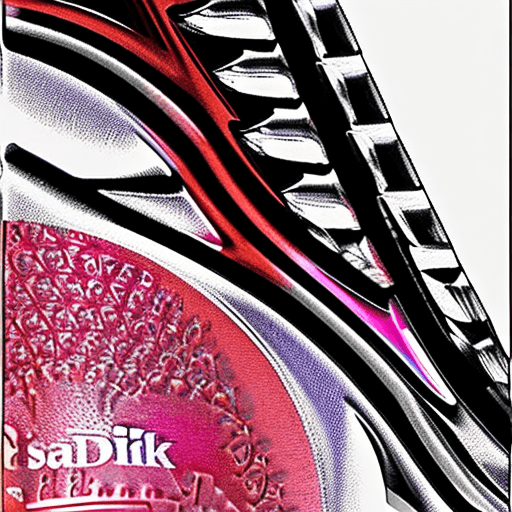 AI generated: Sandisk red memory card, fuschia colors on with colorful patterns, intricate details, professional p...