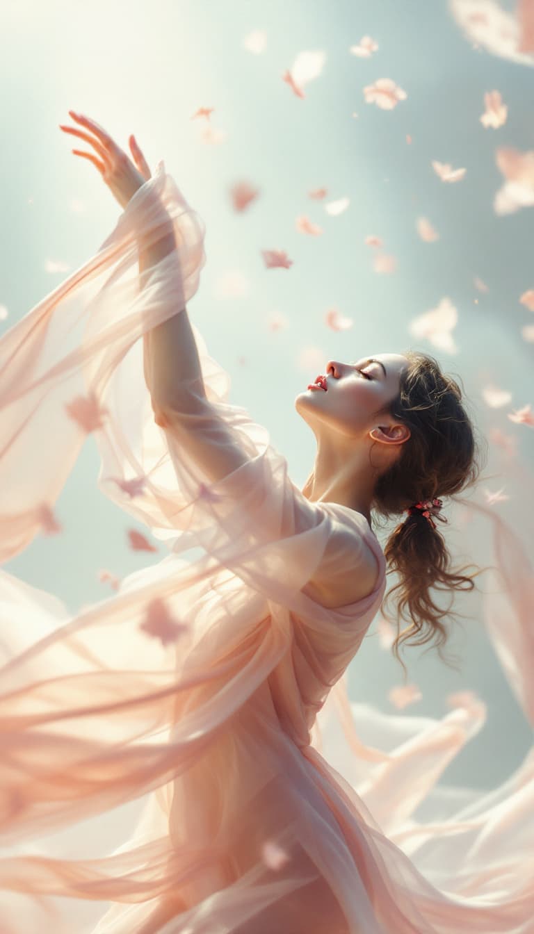 AI generated: In a surreal dance of delicate movement, the ethereal beauty is captured in this portrait of a midai...