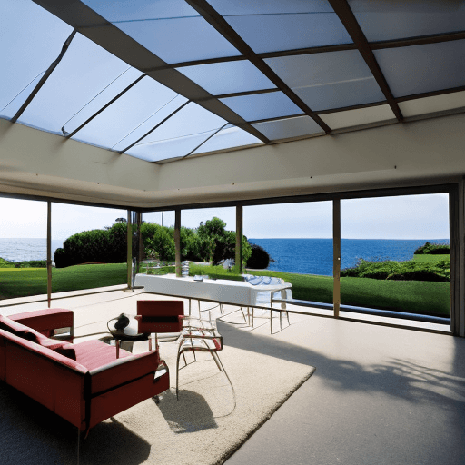 AI generated: hyper realistic eye level exterior photo of a mid century modern style house overlooking the ocean, ...