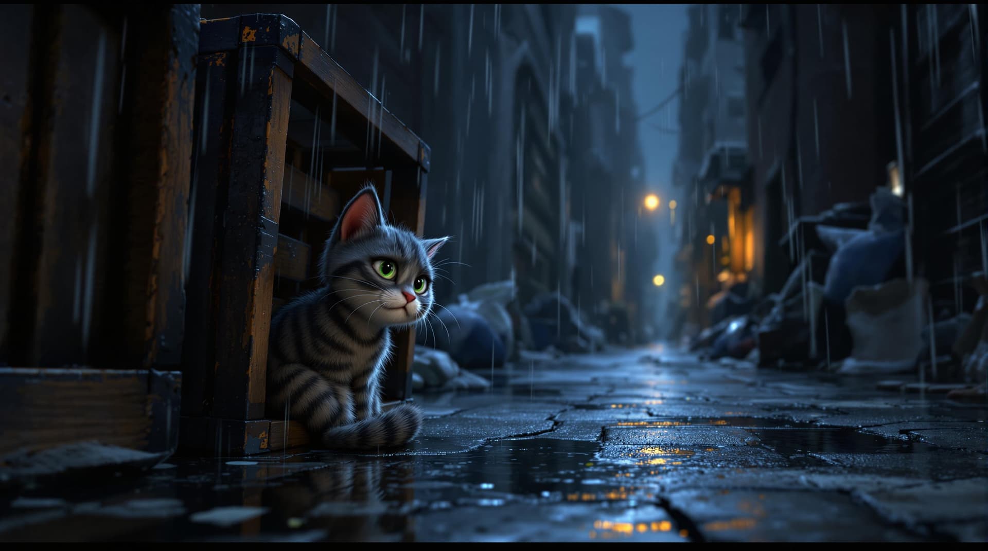 AI generated: Render in a Disney/Pixar style with a strong emotional focus. Milo, the small gray cat with darker s...