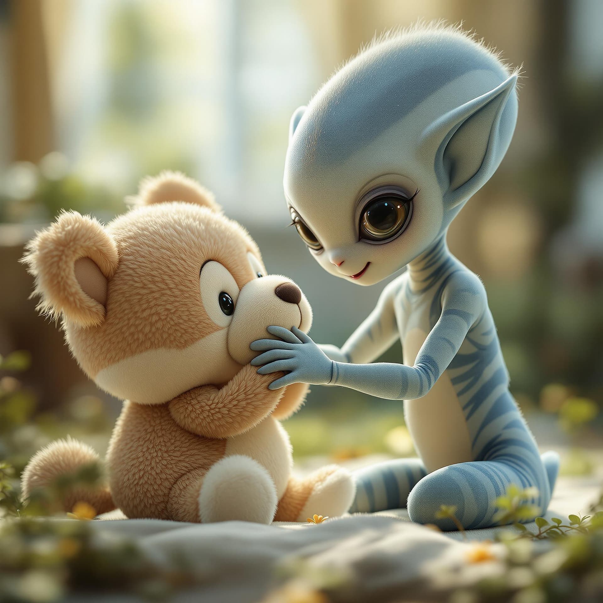 AI generated: a beautiful and cute alien  babie playing with a plush animal,the plush animal is larger than the ba...