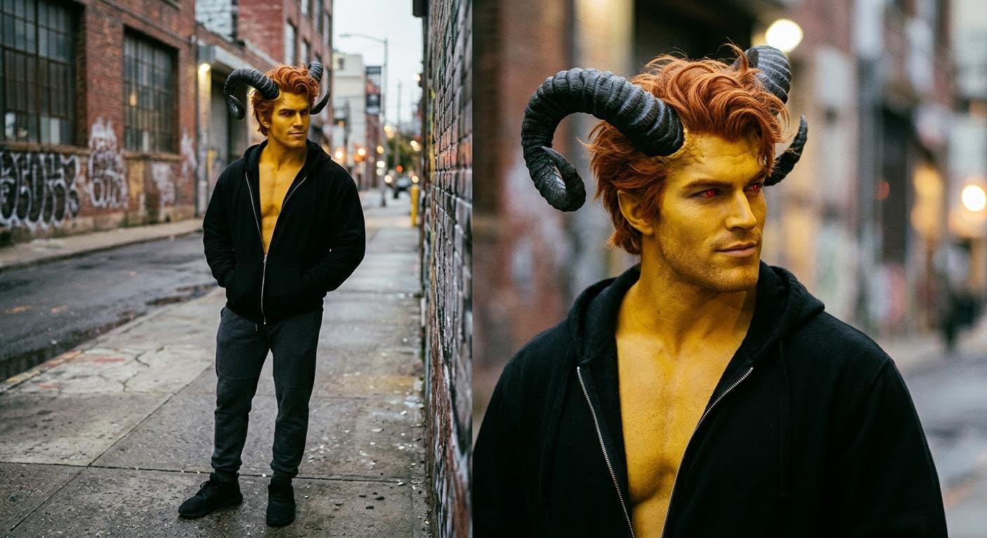 AI generated: A muscular attractive man with yellow skin and orange hair with red eyes with a black hoodies with s...
