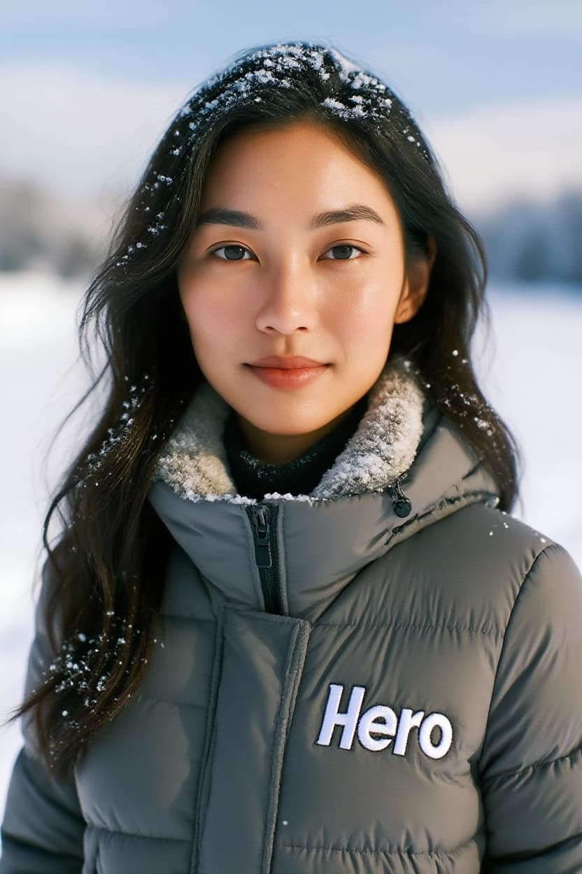 AI generated: Make it so that she is in the middle of the snow, wearing a "PromptHero" coat.
