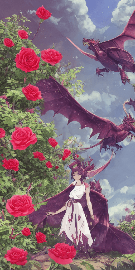 AI generated: handsome cute Rose dragon in flower garden, dnd character, background focus, fantasy, magic, smooth ...